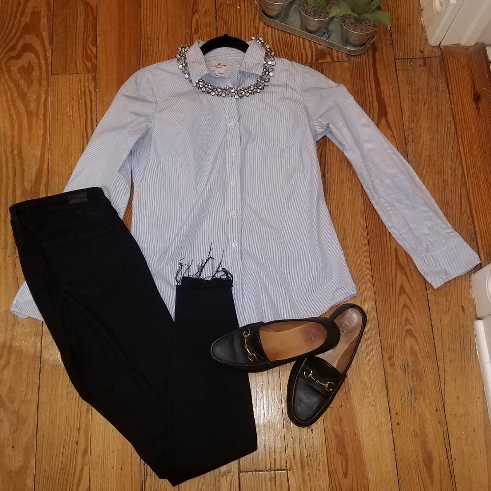 J. Crew blue and white striped tailored shirt